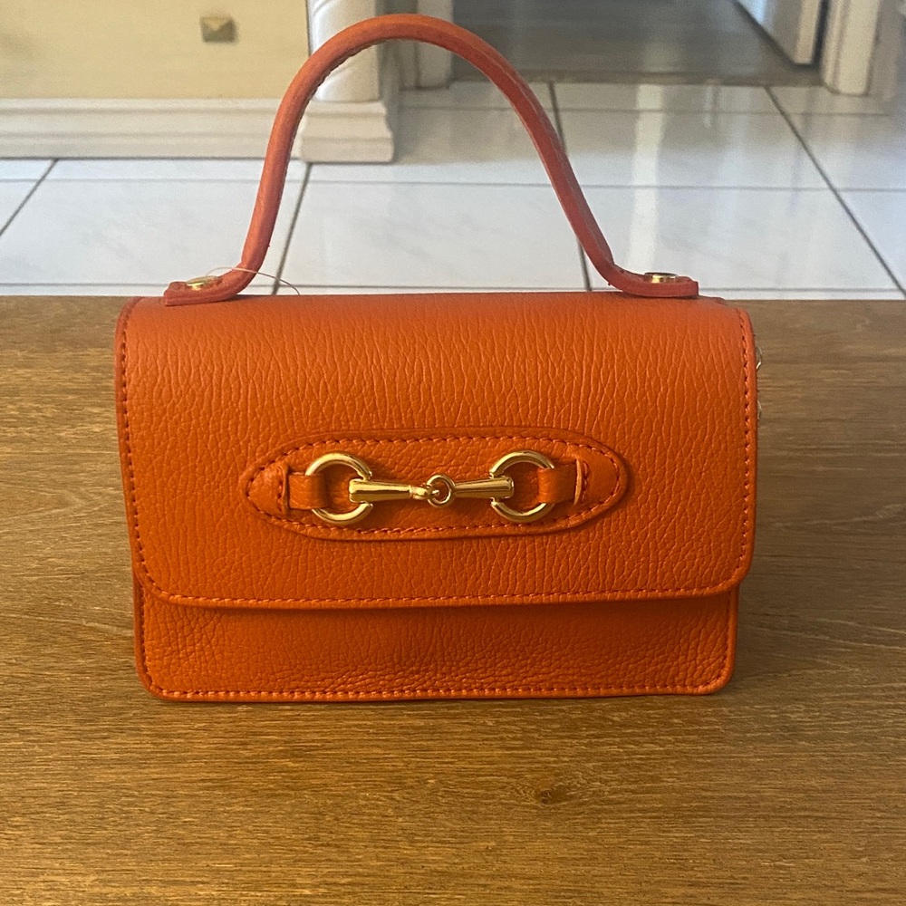 Orange Leather Handbag with Gold Chain - Picture 6 of 7